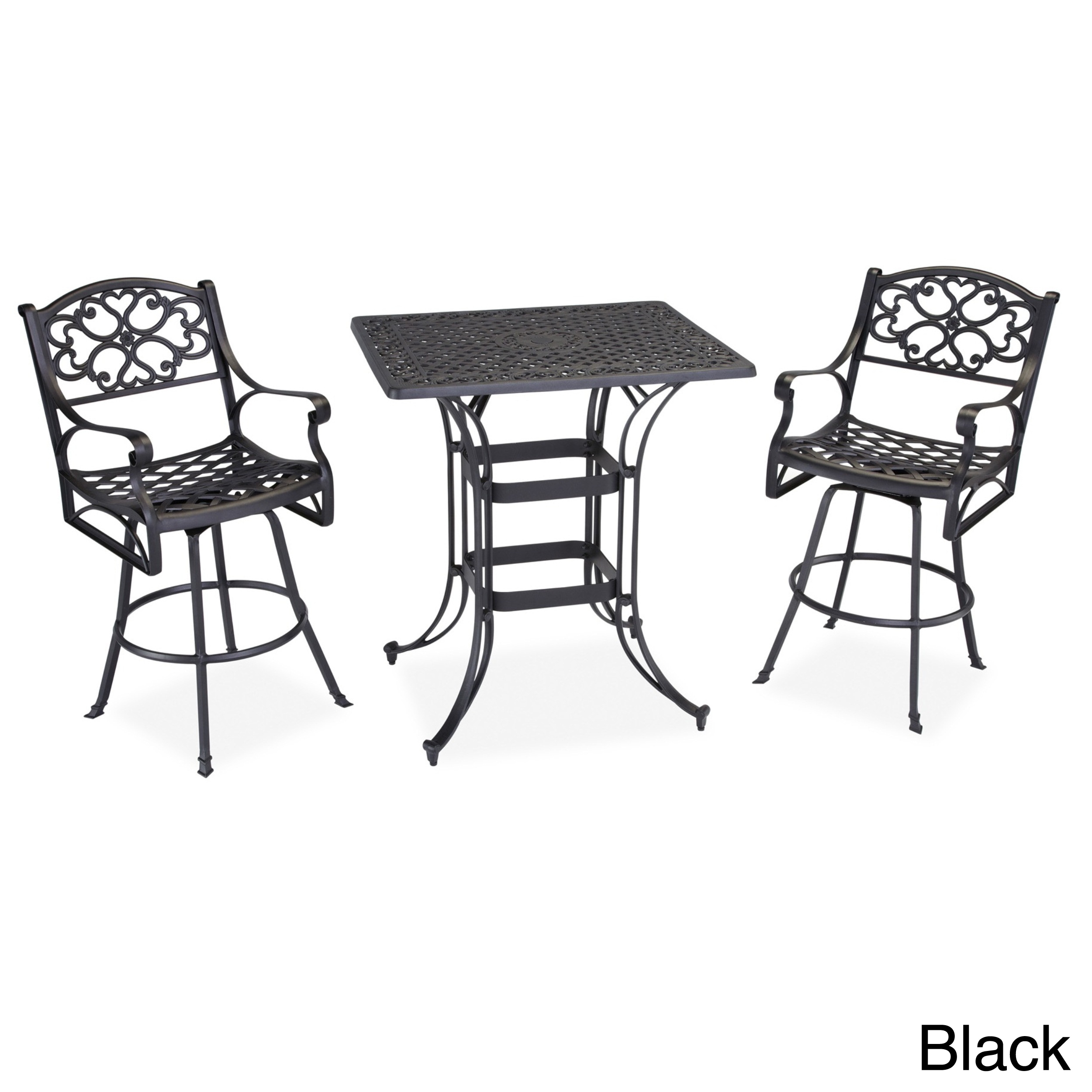 Biscayne Space Saving Rectangle 3 piece Bistro Set (White, Black, or BronzeMaterials Cast aluminumFinish White, Black, or BronzeSeat dimensions 48 inches high x 24.5 inches wide x 22 inches deepDimensions 42 inches high x 36 inches wide x 30 inches de