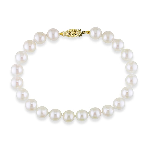 Shop Miadora 14k Yellow Gold White Cultured Akoya Pearl Bracelet (7.5-8 ...