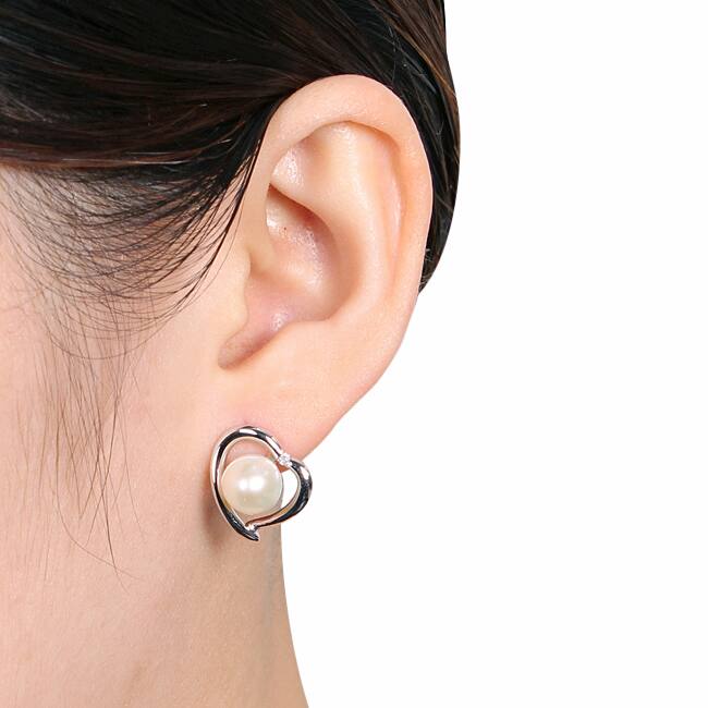 Miadora Sterling Silver Pearl and Diamond Heart Halo Stud Earrings (8 - 8.5mm)