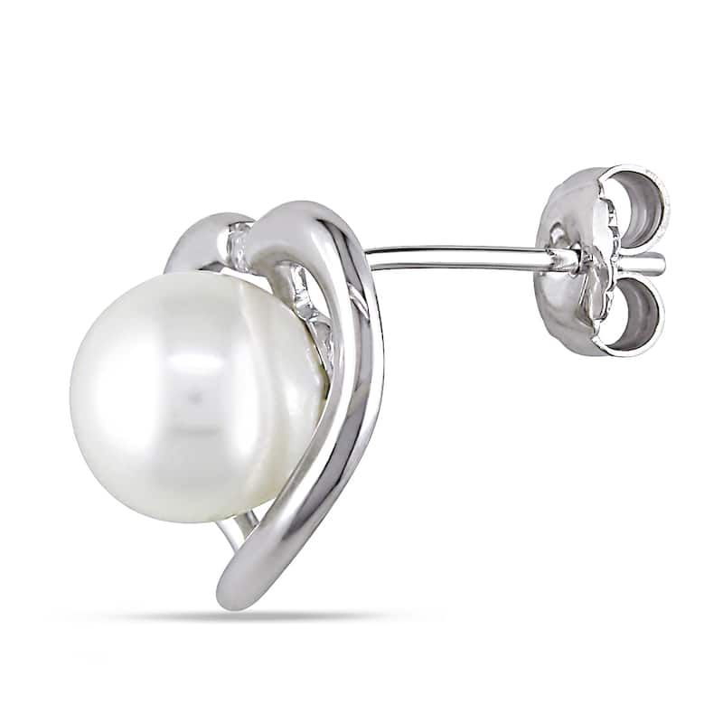 Miadora Sterling Silver Pearl and Diamond Heart Halo Stud Earrings (8 - 8.5mm)