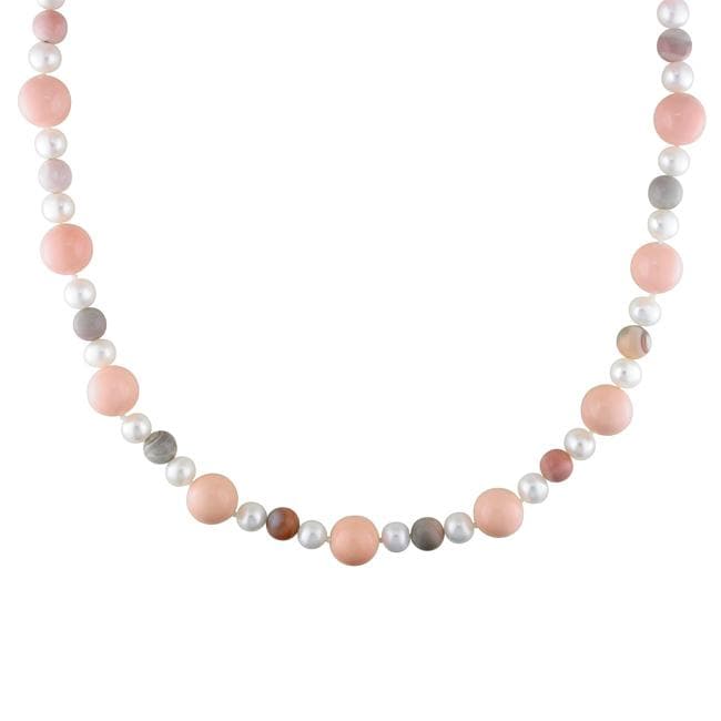 Freshwater White Pearl, Agate and Coral Bead Necklace (7 7.5 mm)