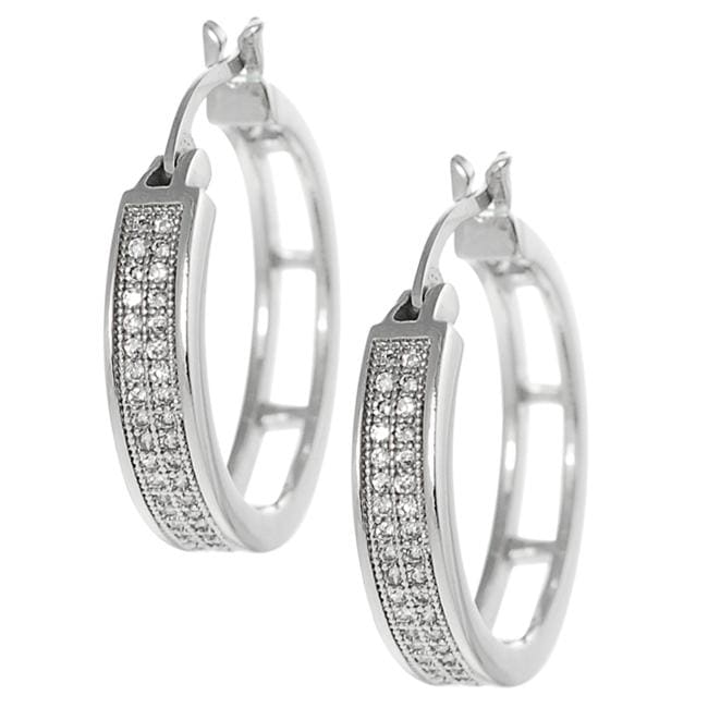 Silvertone Pave set Cubic Zirconia Hoop Earrings