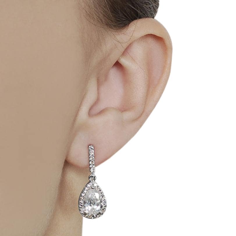 Silvertone Pave set Pear cut Cubic Zirconia Dangle Earrings