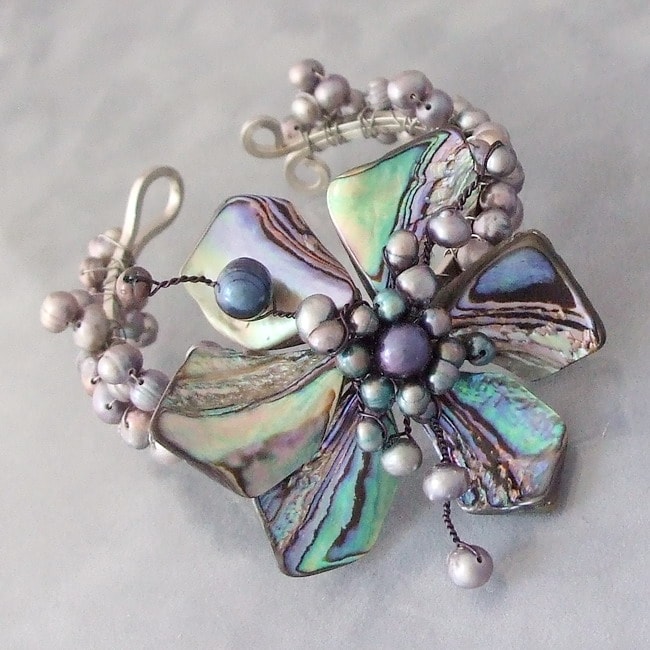 Silvertone Abalone and Black Pearl Floral Cuff (3 8 mm) (Thailand) Was 