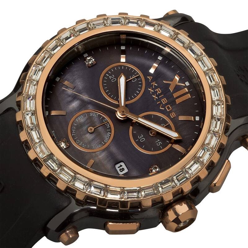 Akribos XXIV Women's Ceramic Rubber Black Strap Swiss Quartz Chronograph Watch - Gold
