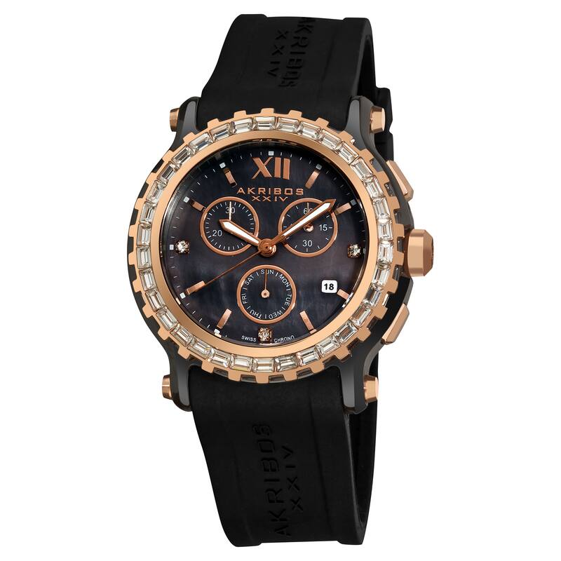 Akribos XXIV Women's Ceramic Rubber Black Strap Swiss Quartz Chronograph Watch - Gold
