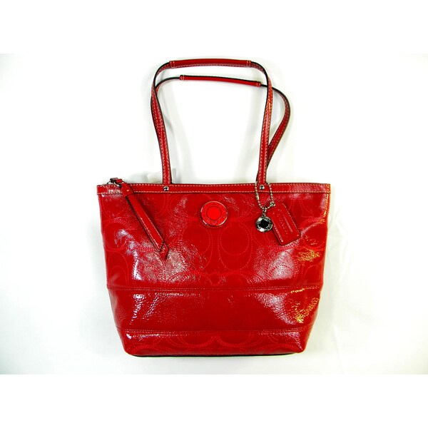 Shop Coach Red Patent Leather Stitched Signature Stripe Tote Bag - Overstock - 7603957