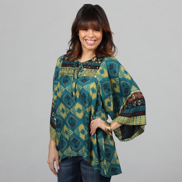 Lola P. Women's Teal Challis Print Dolman sleeve Tunic Long Sleeve Shirts