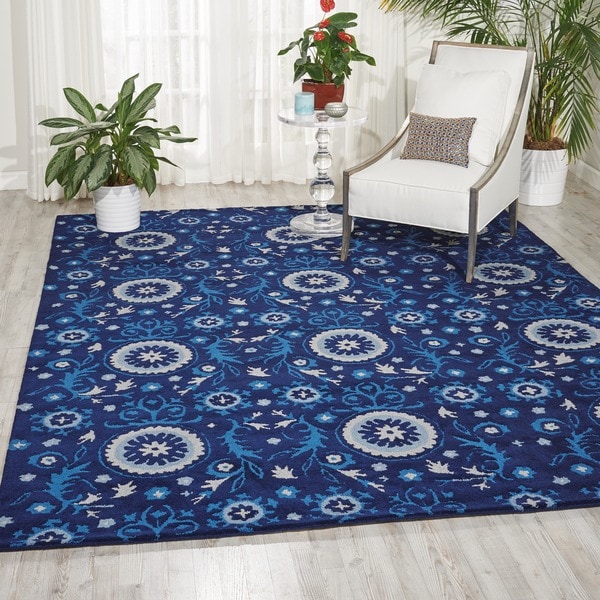 Hand-tufted Suzani Navy Floral Medallion Rug - 8' x 10'6
