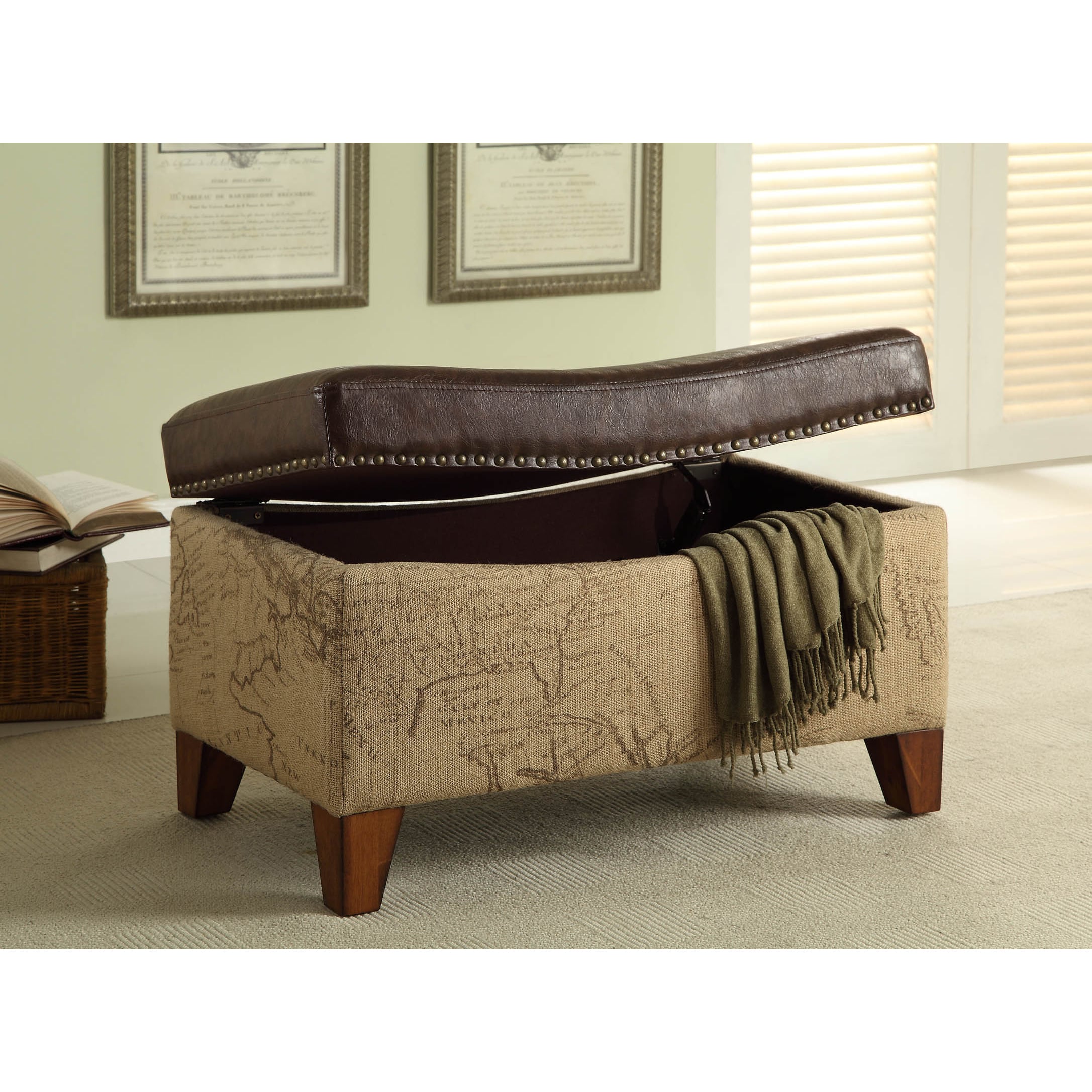 Storage Map Jute Fabric Vintage Trim Ottoman Overstock 7605156 Check out our ottoman storage selection for the very best in unique or custom, handmade pieces from our chairs & ottomans shops. storage map jute fabric vintage trim ottoman