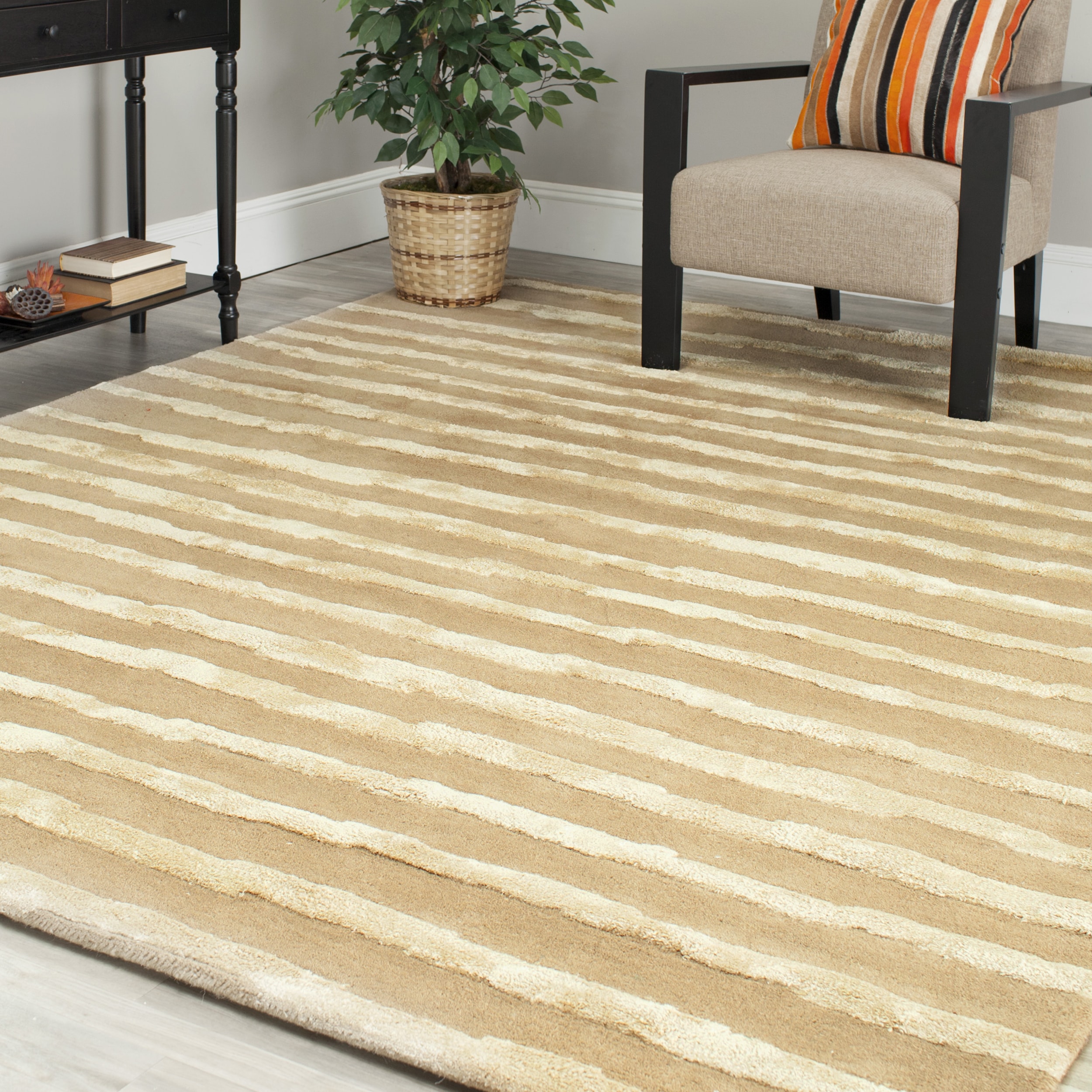 Handmade Soho Stripes Beige/ Gold New Zealand Wool Rug (9 X 12)