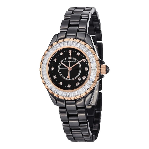 Stuhrling Original Women's Glamour II Quartz Crystal Black-Ceramic-Link Bracelet Watch