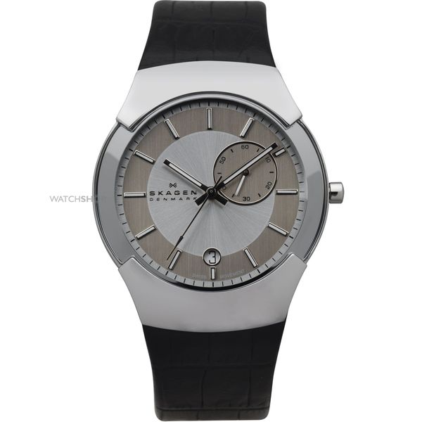 Skagen Men's Black Leather Strap Silvertone Watch Skagen Men's Skagen Watches