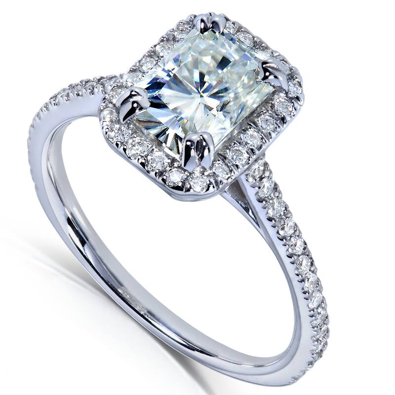 Annello by Kobelli 14k White Gold 1 1/2ct TGW Radiant Moissanite and Diamond Rectangular Halo Engagement Ring