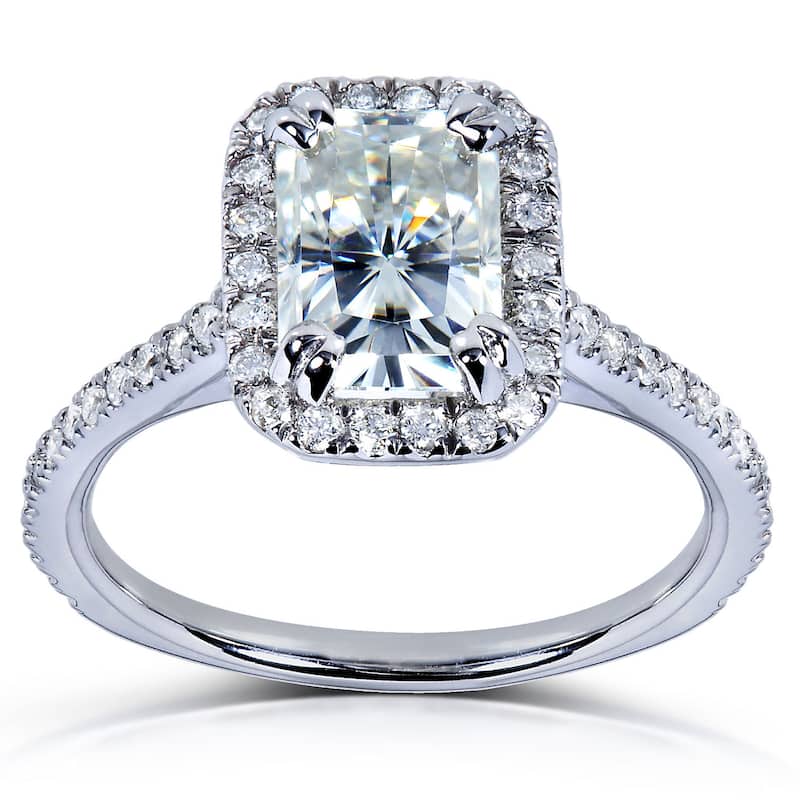Annello by Kobelli 14k White Gold 1 1/2ct TGW Radiant Moissanite and Diamond Rectangular Halo Engagement Ring