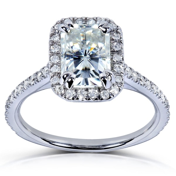 Annello by Kobelli 14k White Gold 1 1/2ct TGW Radiant Moissanite (HI) and Diamond Rectangular Halo Engagement Ring