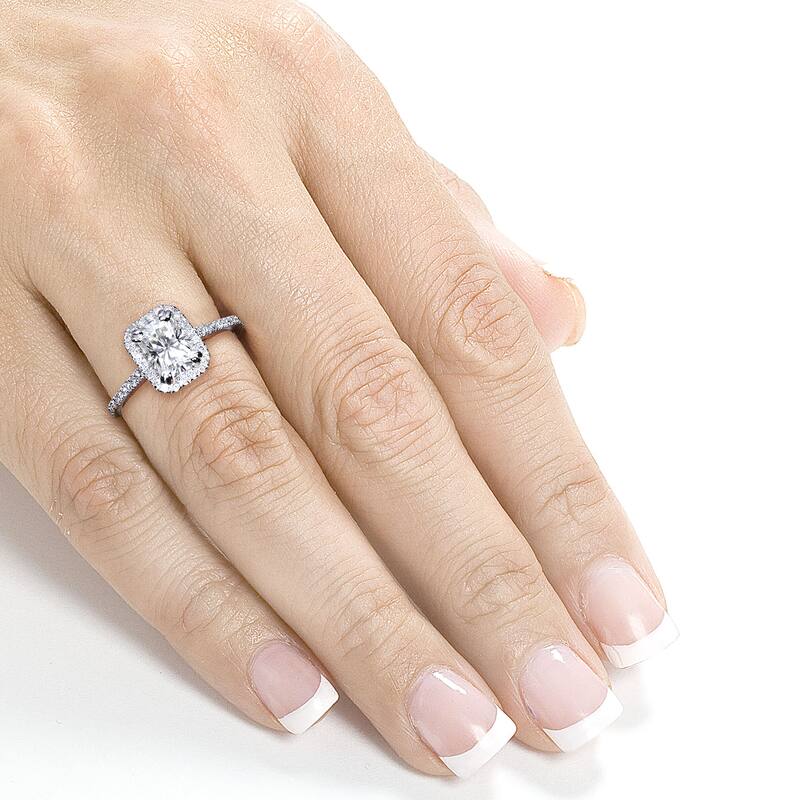 Annello by Kobelli 14k White Gold 1 1/2ct TGW Radiant Moissanite and Diamond Rectangular Halo Engagement Ring
