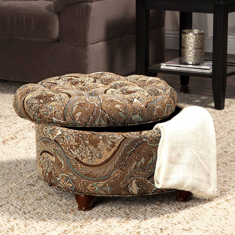Button Tufted Round Storage Ottoman Brown and Teal Paisley