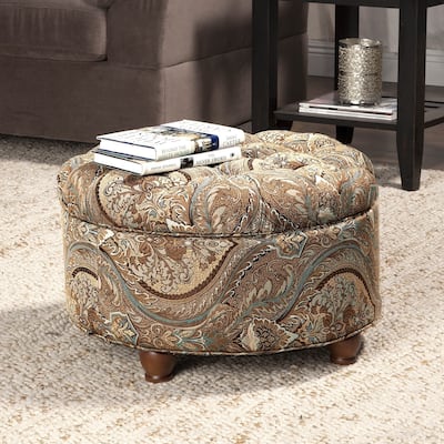 Button Tufted Round Storage Ottoman Brown and Teal Paisley