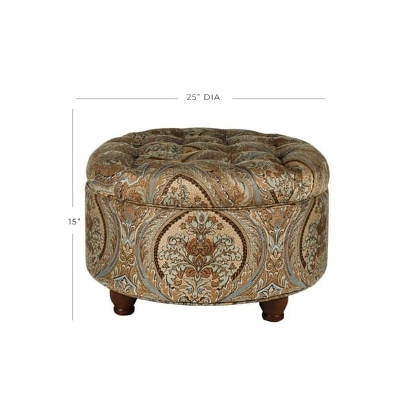 Button Tufted Round Storage Ottoman Brown and Teal Paisley - Bed Bath