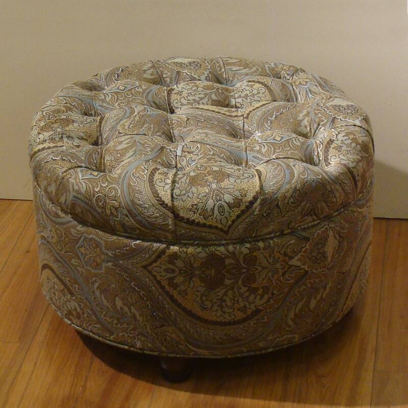 Button Tufted Round Storage Ottoman Brown and Teal Paisley