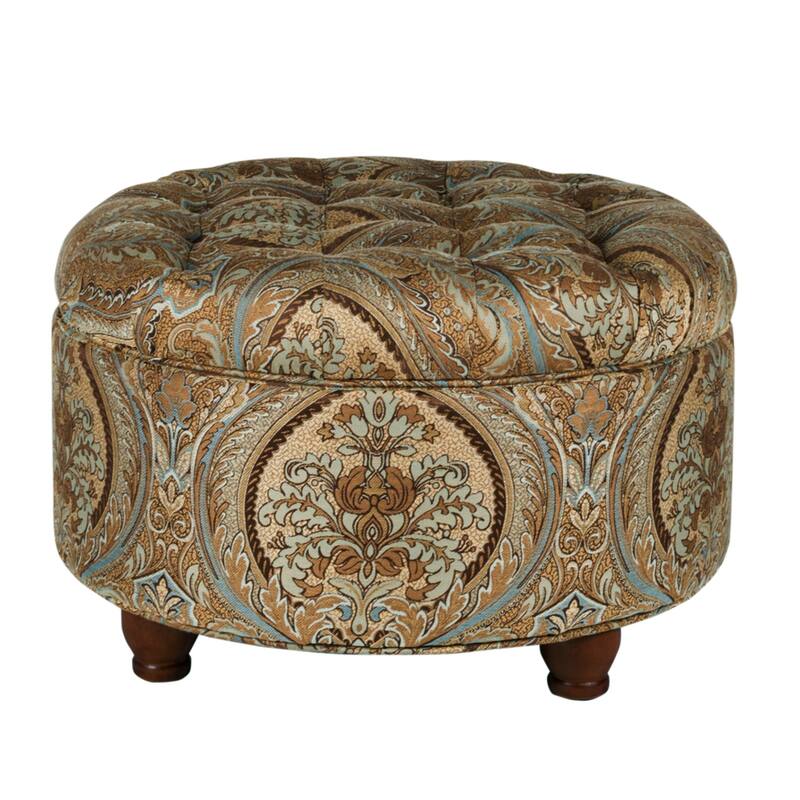 Button Tufted Round Storage Ottoman Brown and Teal Paisley
