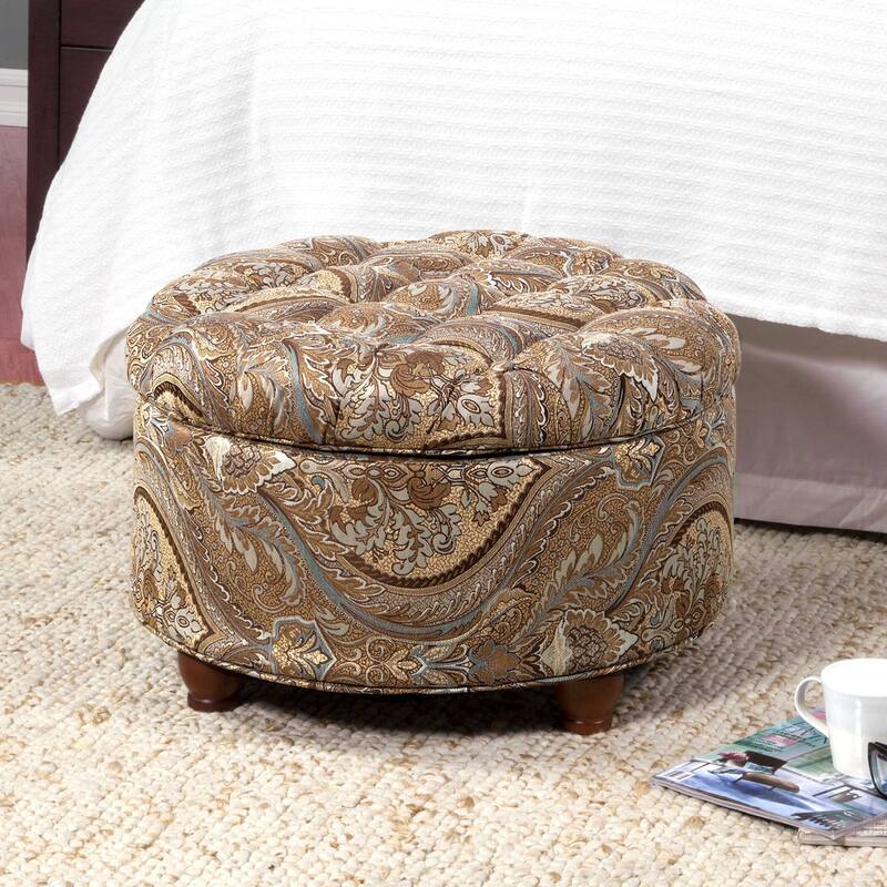 Button Tufted Round Storage Ottoman Brown and Teal Paisley - Multi