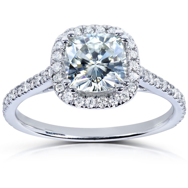 Annello by Kobelli 14k White Gold 1 1/3ct TGW Cushion-cut Moissanite and Diamond Halo Engagement Ring
