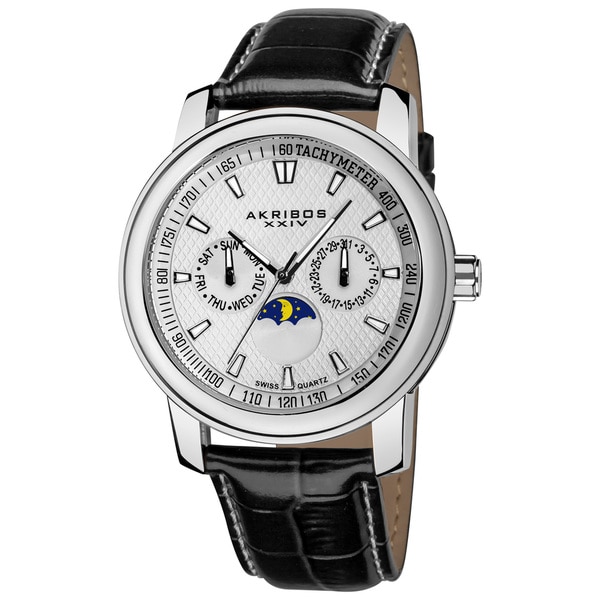 Akribos XXIV Mens Swiss Quartz Moon Phase Multifunction Strap Watch