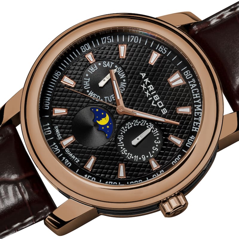 Akribos XXIV Men's Swiss Quartz Moon Phase Multifunction Rose-Tone Strap Watch - black/brown - black/brown