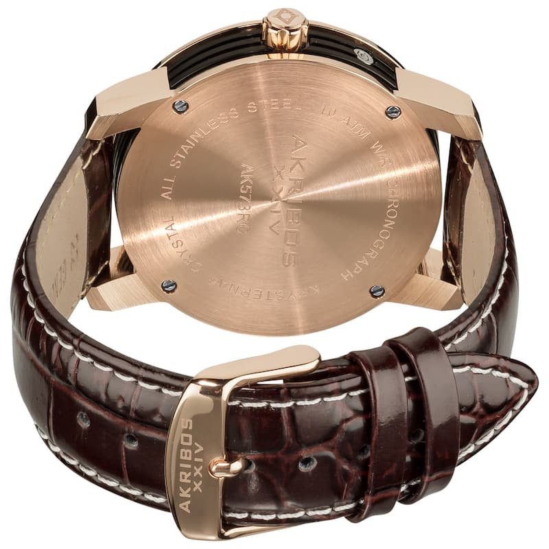 Akribos XXIV Men's Swiss Quartz Moon Phase Multifunction Rose-Tone Strap Watch - black/brown - black/brown