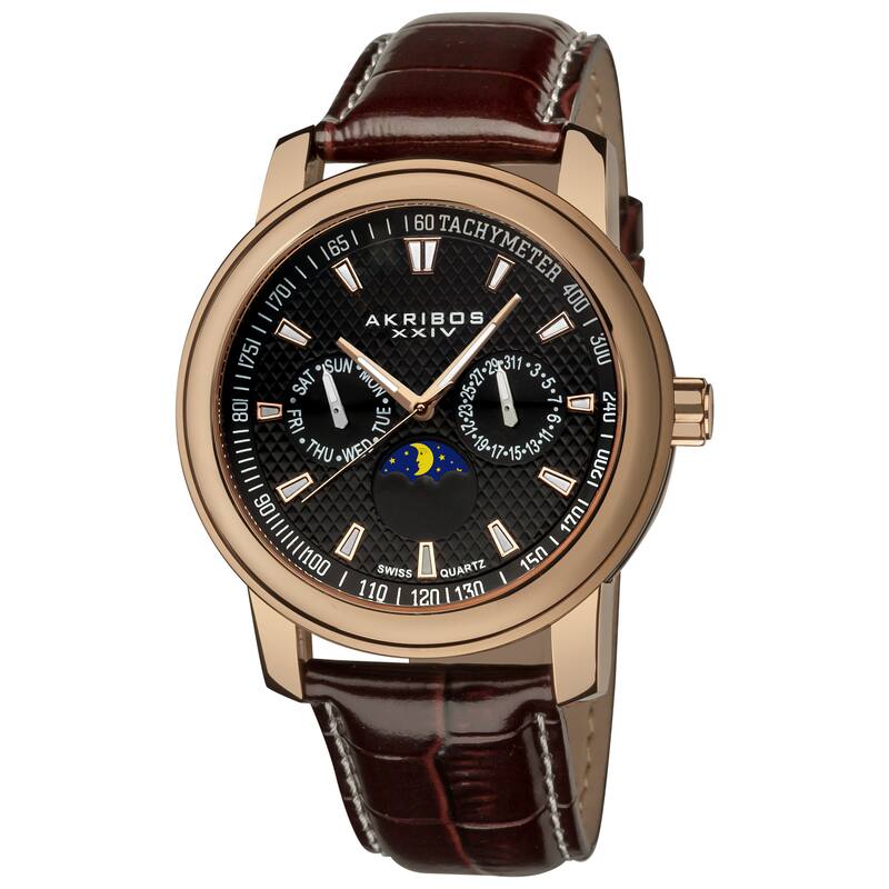 Akribos XXIV Men's Swiss Quartz Moon Phase Multifunction Rose-Tone Strap Watch - black/brown - black/brown