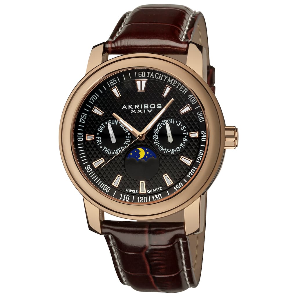 Akribos XXIV Men's Swiss Quartz Moon Phase Multifunction Rose-Tone Strap Watch - black/brown - black/brown