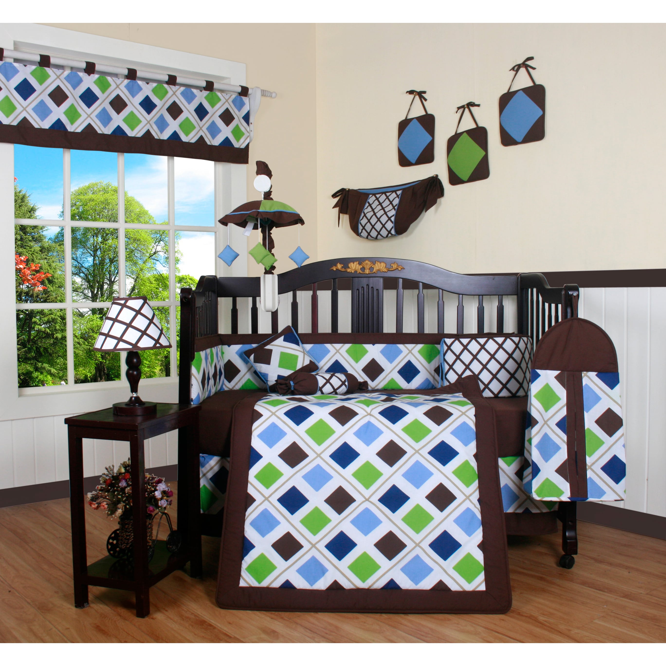 Shop Blue Brown Diamond 13 Piece Crib Bedding Set Free Shipping