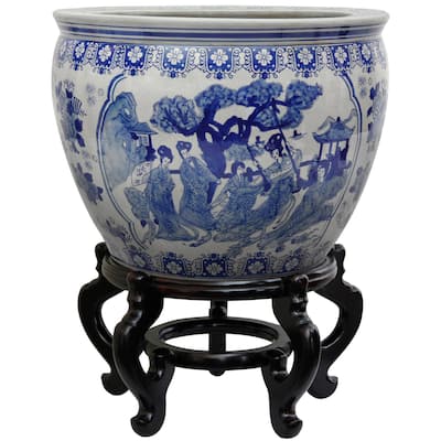 Handmade Porcelain 12-inch Blue and White Ladies Fishbowl (China) - 12"W x 12"D x 8.5"H