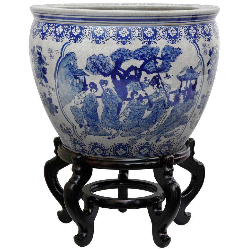 Handmade Porcelain 16-inch Blue and White Ladies Fishbowl (China) - 16.25"W x 16.25"D x 12.5"H
