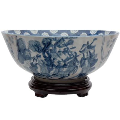 Handmade 14" Blue and White Ladies Porcelain Bowl