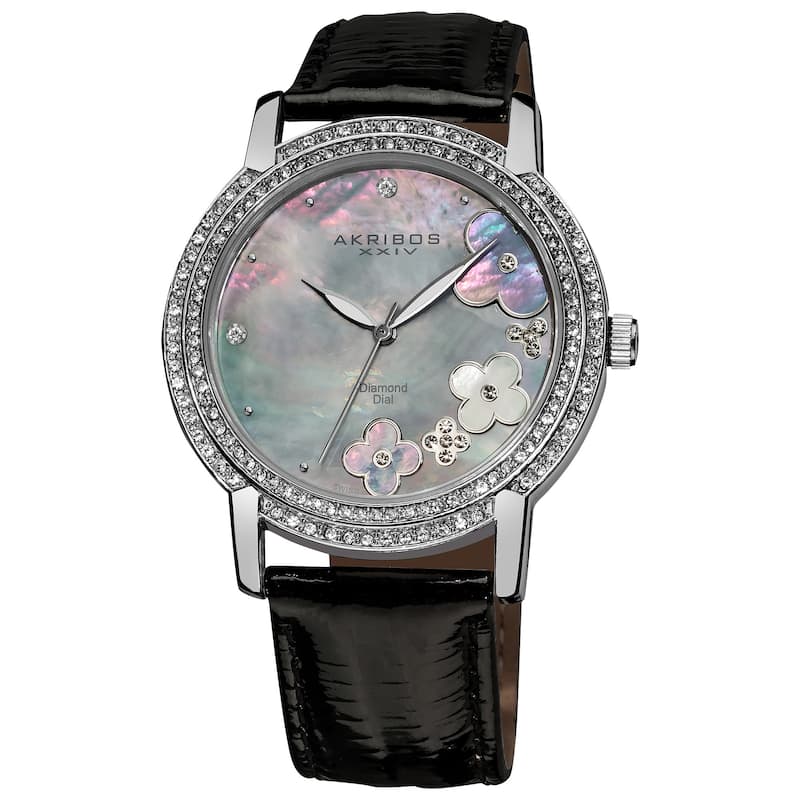 Akribos XXIV Women's Flower Diamond Accent Watch with Black Strap