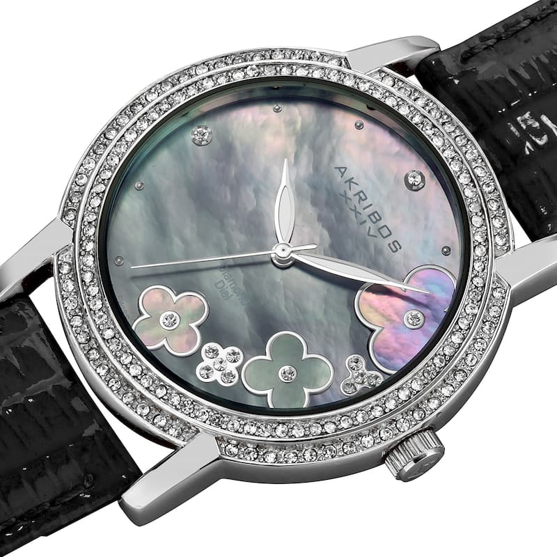 Akribos XXIV Women's Flower Diamond Accent Watch with Black Strap