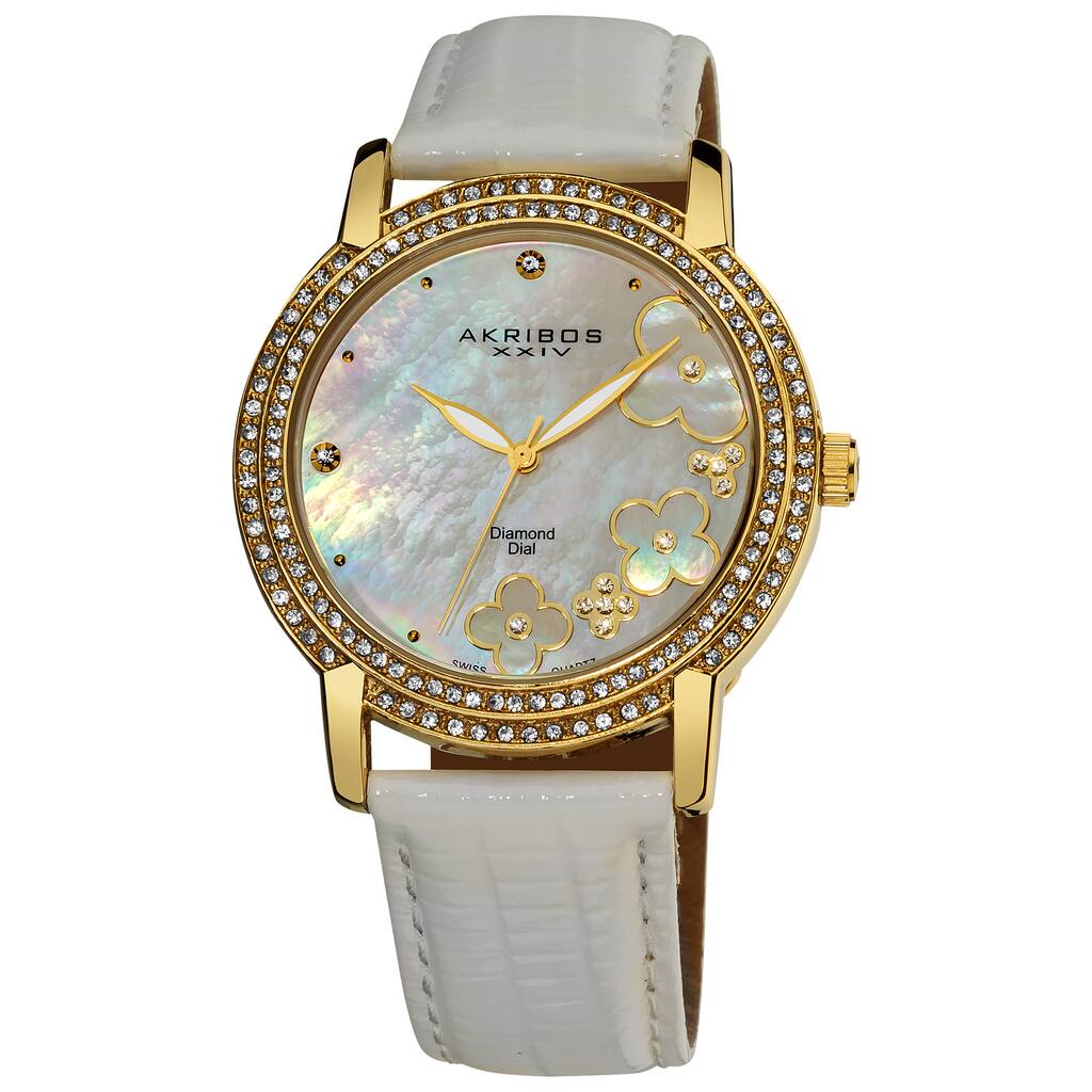 Akribos XXIV Women's Flower Diamond Accent Gold-Tone Watch - WHITE/GOLD - WHITE/GOLD