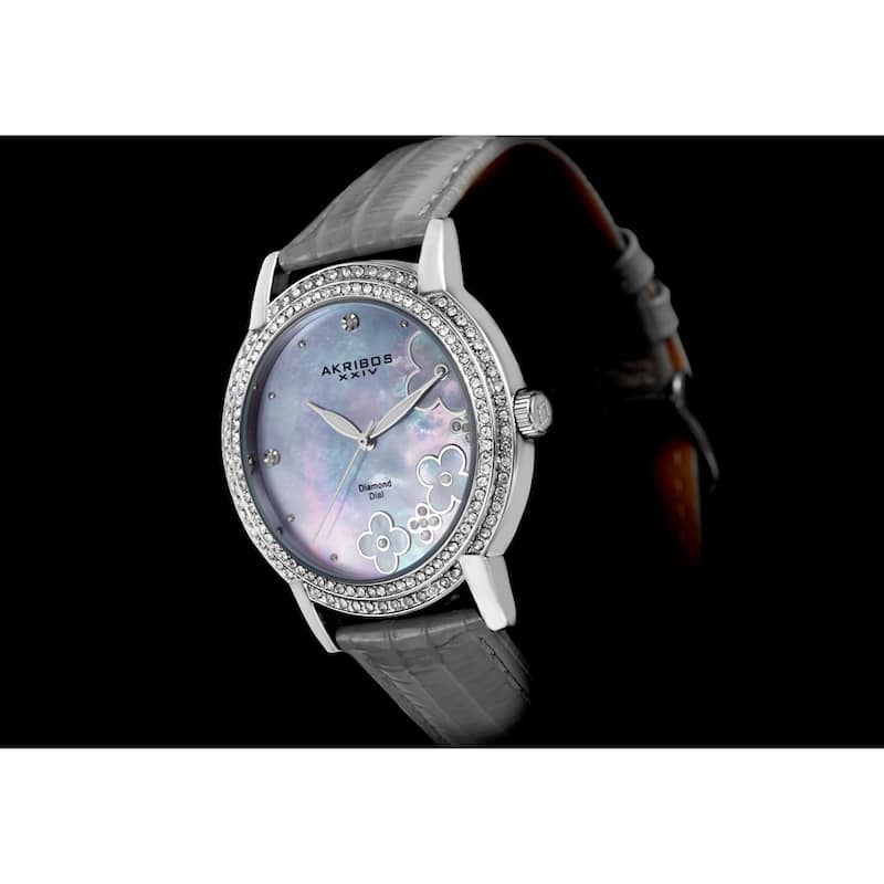 Akribos XXIV Women's Flower Diamond Accent Watch with Gray Strap - silver