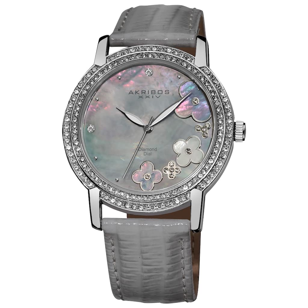 Akribos XXIV Women's Flower Diamond Accent Watch with Gray Strap - silver