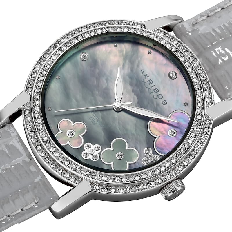 Akribos XXIV Women's Flower Diamond Accent Watch with Gray Strap - silver