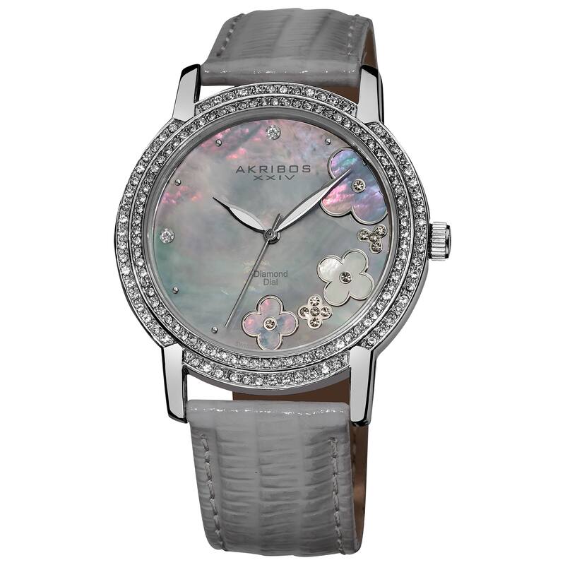 Akribos XXIV Women's Flower Diamond Accent Watch with Gray Strap - silver