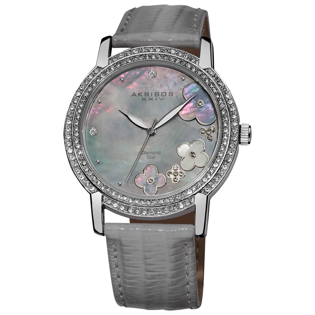 Akribos XXIV Women's Flower Diamond Accent Watch with Gray Strap - silver