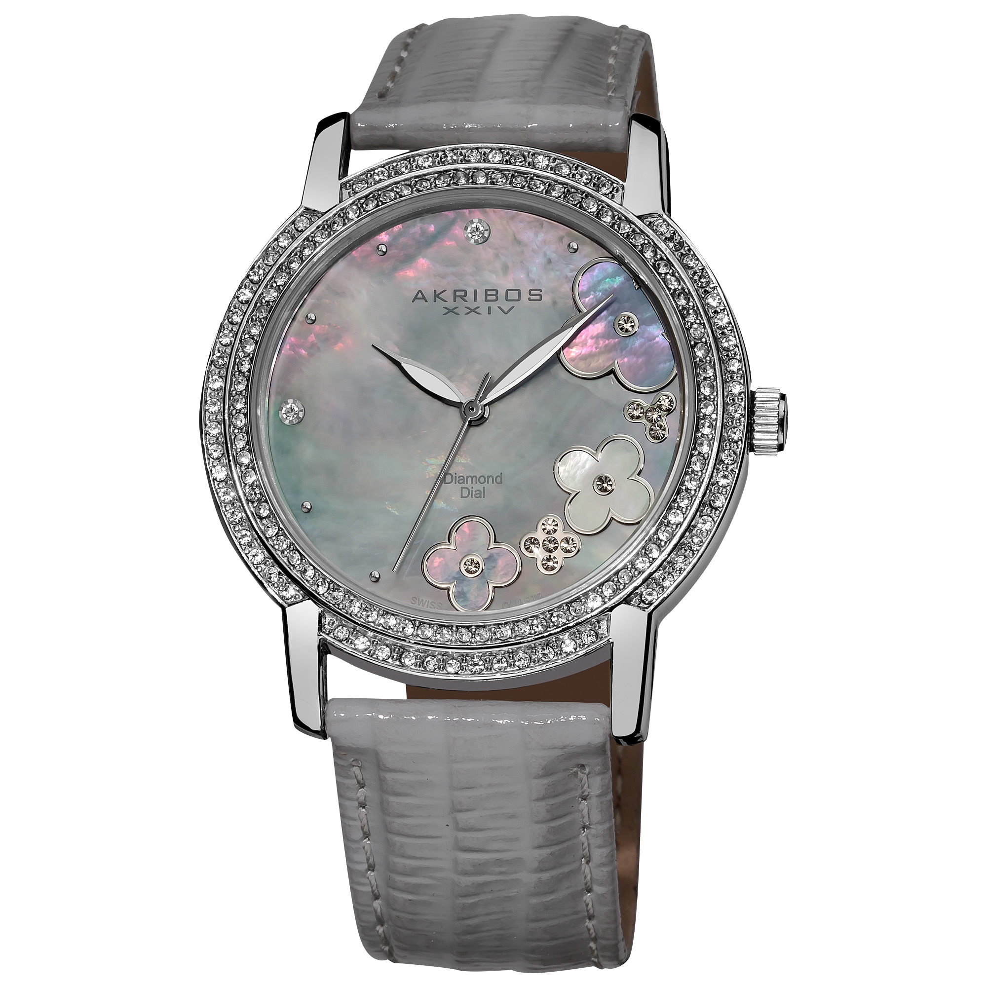 Akribos XXIV Women's Flower Diamond Accent Watch with Gray Strap - silver