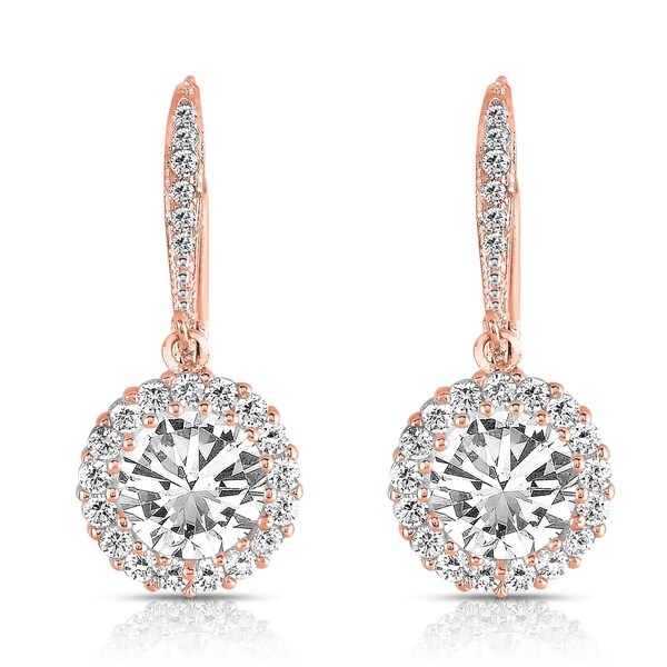 Collette Z Sterling Silver with Rose Gold Plated Clear Round Cubic Zirconia Halo Drop Earrings