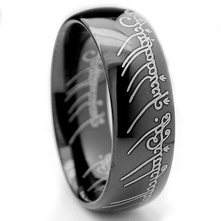 Tungsten Carbide Unisex Black plated Laser etched Elvish Script Ring Men's Rings