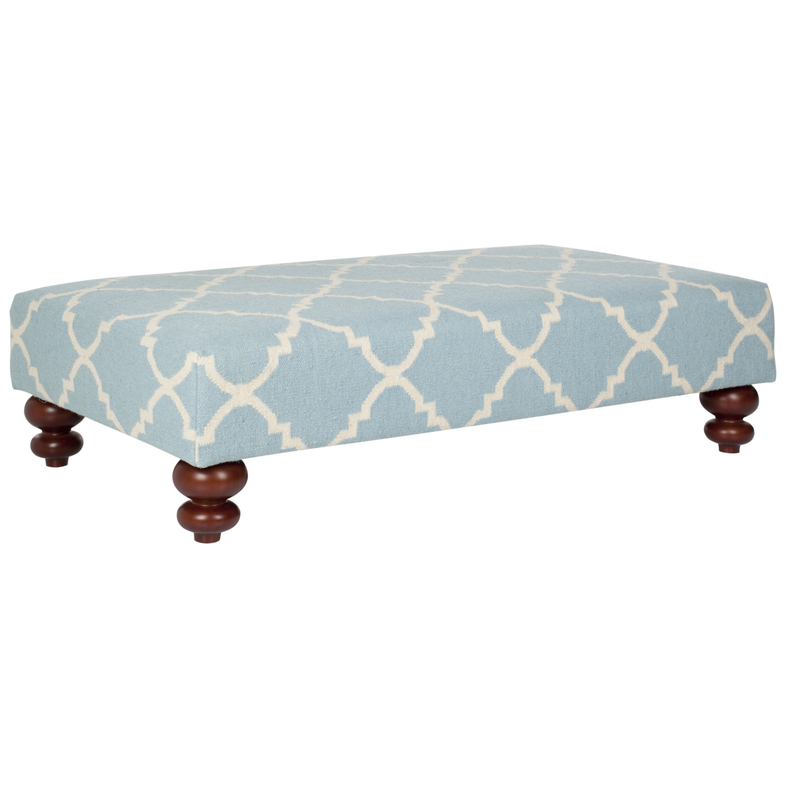 Safavieh Quatrefoil Light Blue Dhurrie Rug Ottoman (Light blue/ ivoryMaterials Birch wood, wool fabricFinish CherryDimensions 14.2 inches high x 53.9 inches wide x 30.7 inches deepThis product will ship to you in 1 box.Furniture arrives fully assembled