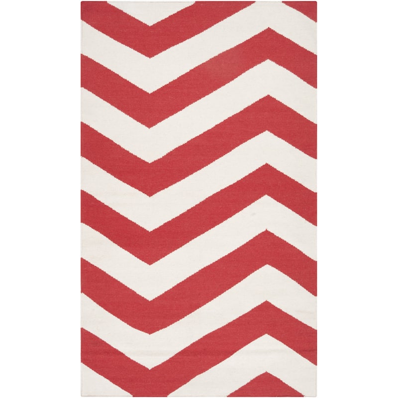 Hand-woven Tomato Chevron Orange/ Red Wool Area Rug - 2' x 3'/Surplus - 2' x 3'/Surplus - Snow/Red